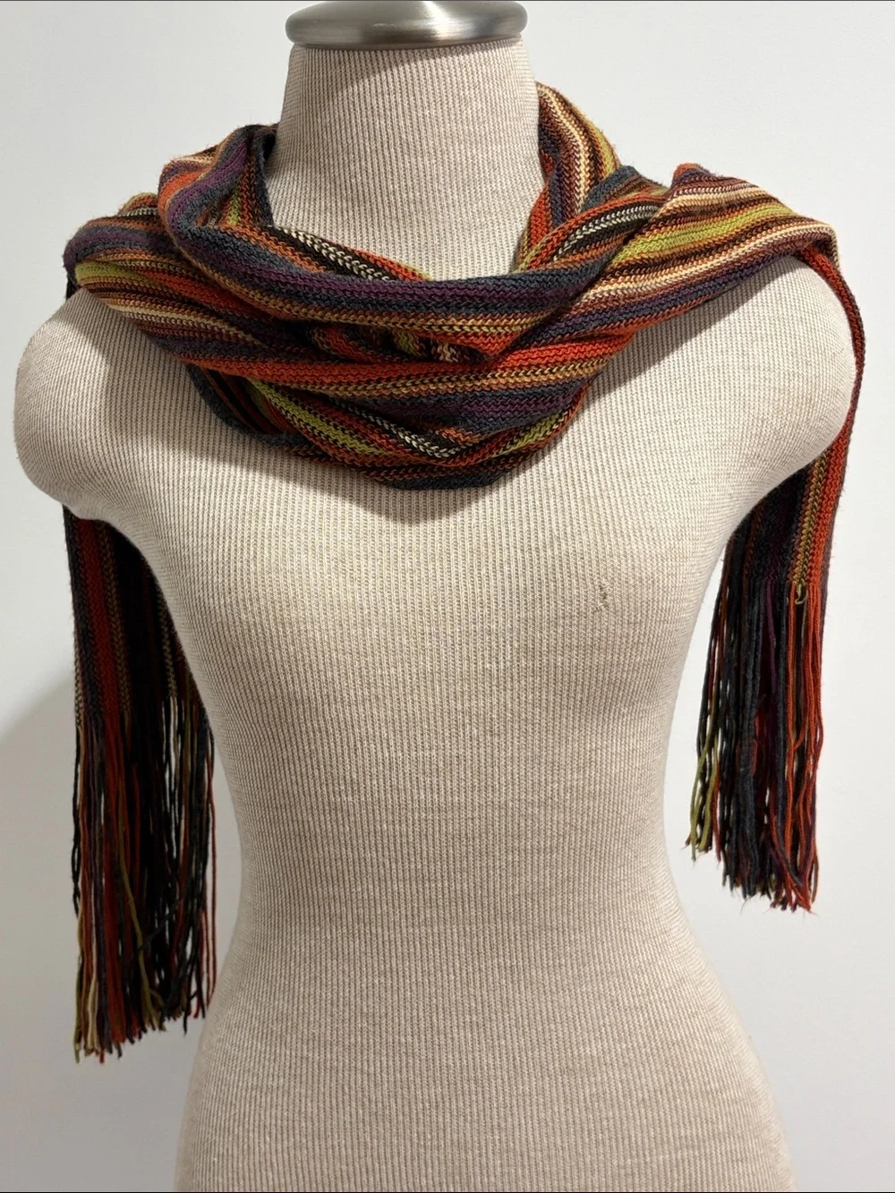 Knit Multicolor Scarf with Fringe Earth Tones Fall Winter Unisex